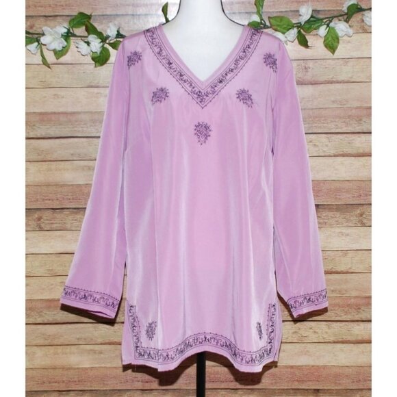 Brylane Woman Collection Purple Lilac Tunic Blouse Size 1X Embroidered V-Neck - Picture 1 of 10